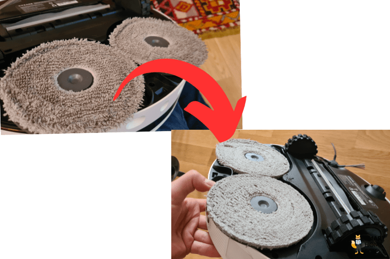 Die Wischpads eines Saug-Wisch-Roboters sind nach der Reinigung an einer Reinigungsstation zu sehen.